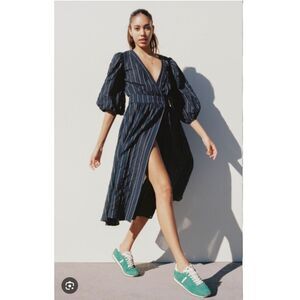 Ciao Lucia Cala Dress Midnight Blue Striped Midi Wrap Dress Dye Cotton -M NWT